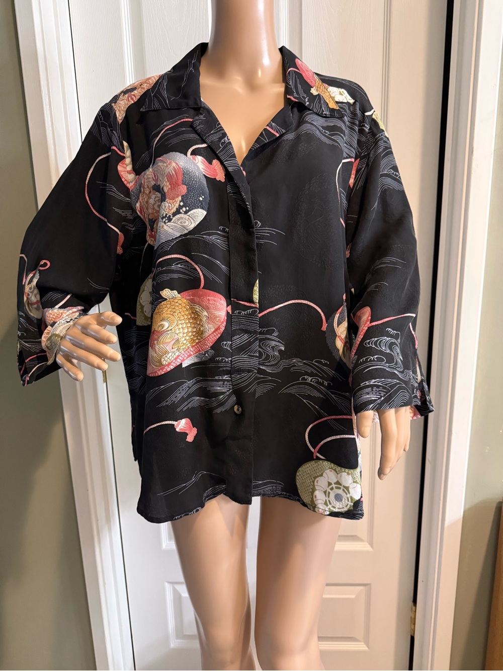 Citron Santa Monica Plus Size 1X Asian Floral Silk Blouse Koi Fish Art To Wear